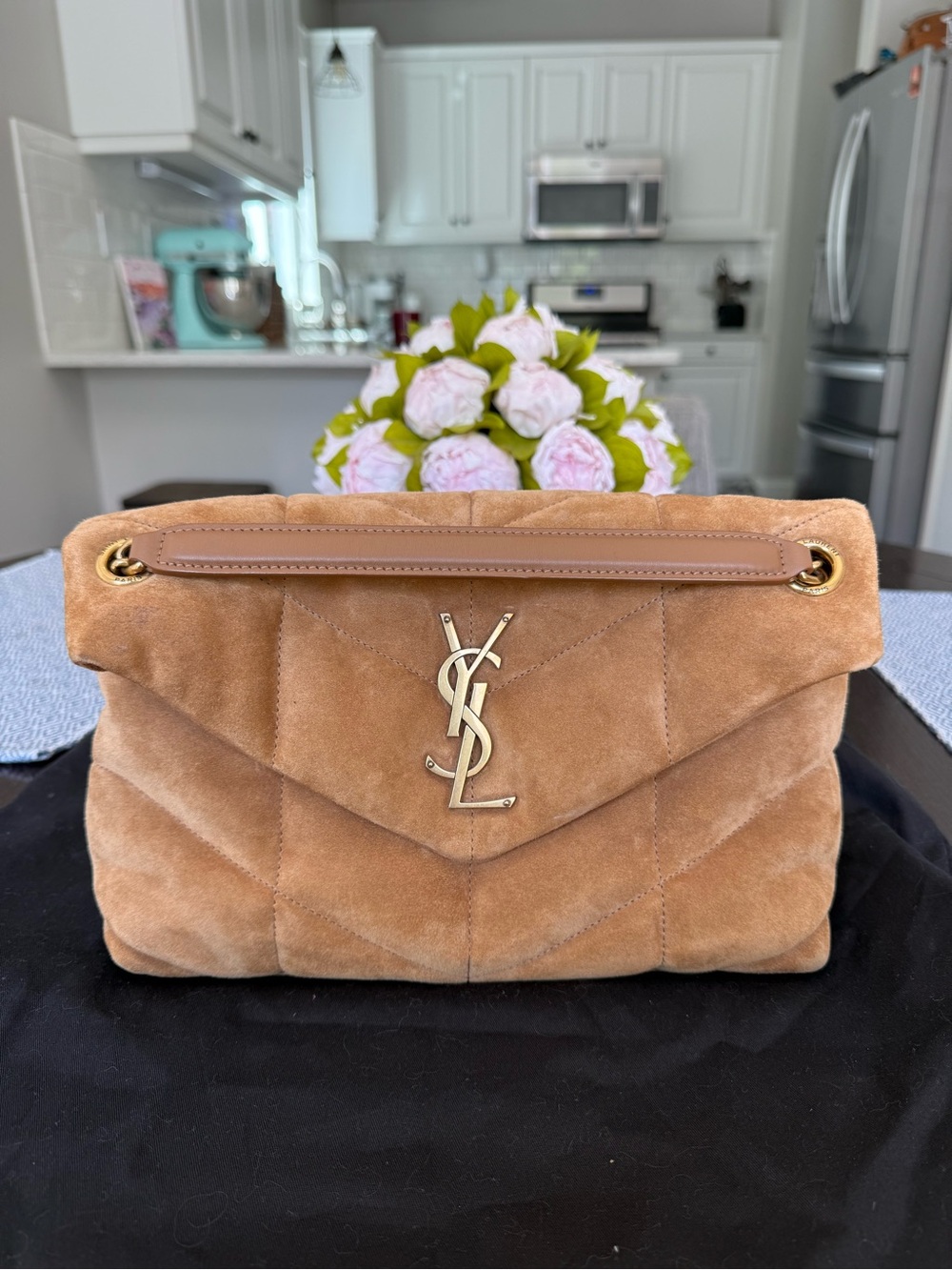 Saint Laurent Brown Suede Quilted Chevron Shoulder Bag with Gold Hardware